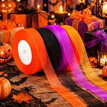 4 Rolls 200 Yards Halloween Organza Ribbon Set, Orange Purple Black 3-Color Semi-Sheer Tulle Ribbon, Bouquet Packaging Gift Box Tie, Door Decor Wreath Chair Back Table Party DIY Bow Decoration Ribbon - Orange Purple Black Chiffon Ribbon - View 1