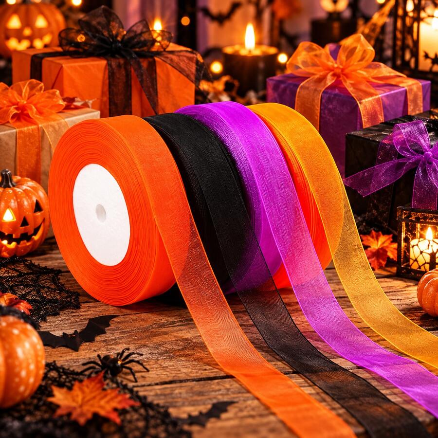 4 Rolls 200 Yards Halloween Organza Ribbon Set, Orange Purple Black 3-Color Semi-Sheer Tulle Ribbon, Bouquet Packaging Gift Box Tie, Door Decor Wreath Chair Back Table Party DIY Bow Decoration Ribbon - Orange Purple Black Chiffon Ribbon - View 1