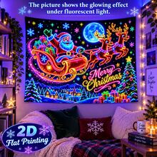 2D Flat Pattern, 1pc, Christmas Sleigh Tapestry, Neon Santa Claus And Reindeer Sleigh Design, Glows Under Fluorescent Light, Suitable For Wall Decor, Backdrop Or Party Decoration - Multicolor - View 8