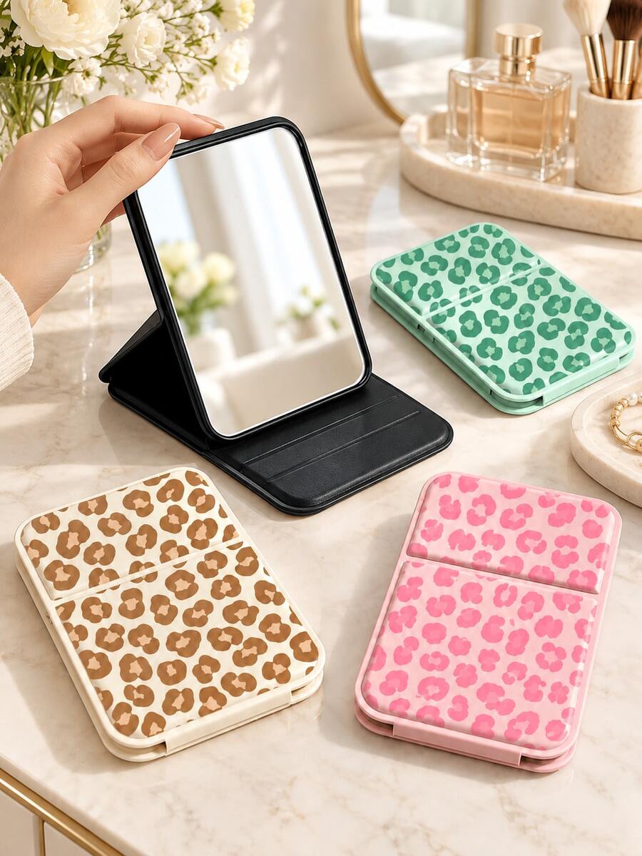 Cermin Rias Lipat Mini Portabel Edisi Terbatas Natal Baru, Pink/Hijau/Putih/Hitam - Dengan Desain Penyangga, Dihiasi dengan Motif Leopard; Cocok untuk Perjalanan dan Penggunaan Sehari-hari; Cermin Rias Lipat Meja Persegi Panjang Gaya Minimalis, Perlengkapan Penting untuk Kembali ke Sekolah, Musim Kembali ke Sekolah, Hadiah untuk Teman, Keluarga, dan Guru - MultiWarna - View 1