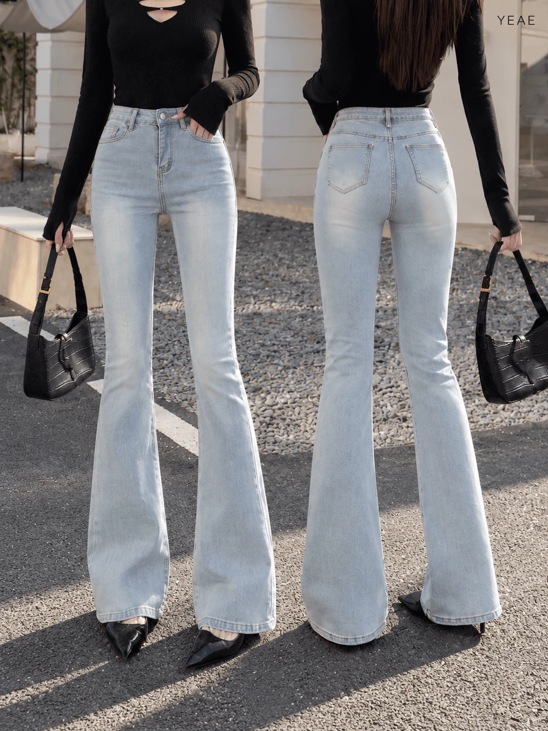 YEAE | Retro Blue Flared Jeans Women's New High Waist Slimming Stretch Vintage Horseshoe Pants - Light Wash - View 1