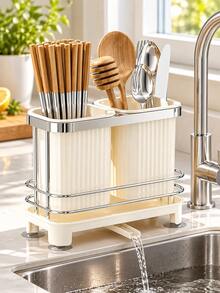 Dish Drainer Rack, Self-Draining Chopstick & Spoon Storage Basket, Household Kitchen Countertop Utensil Tray - Multicolor - View 2