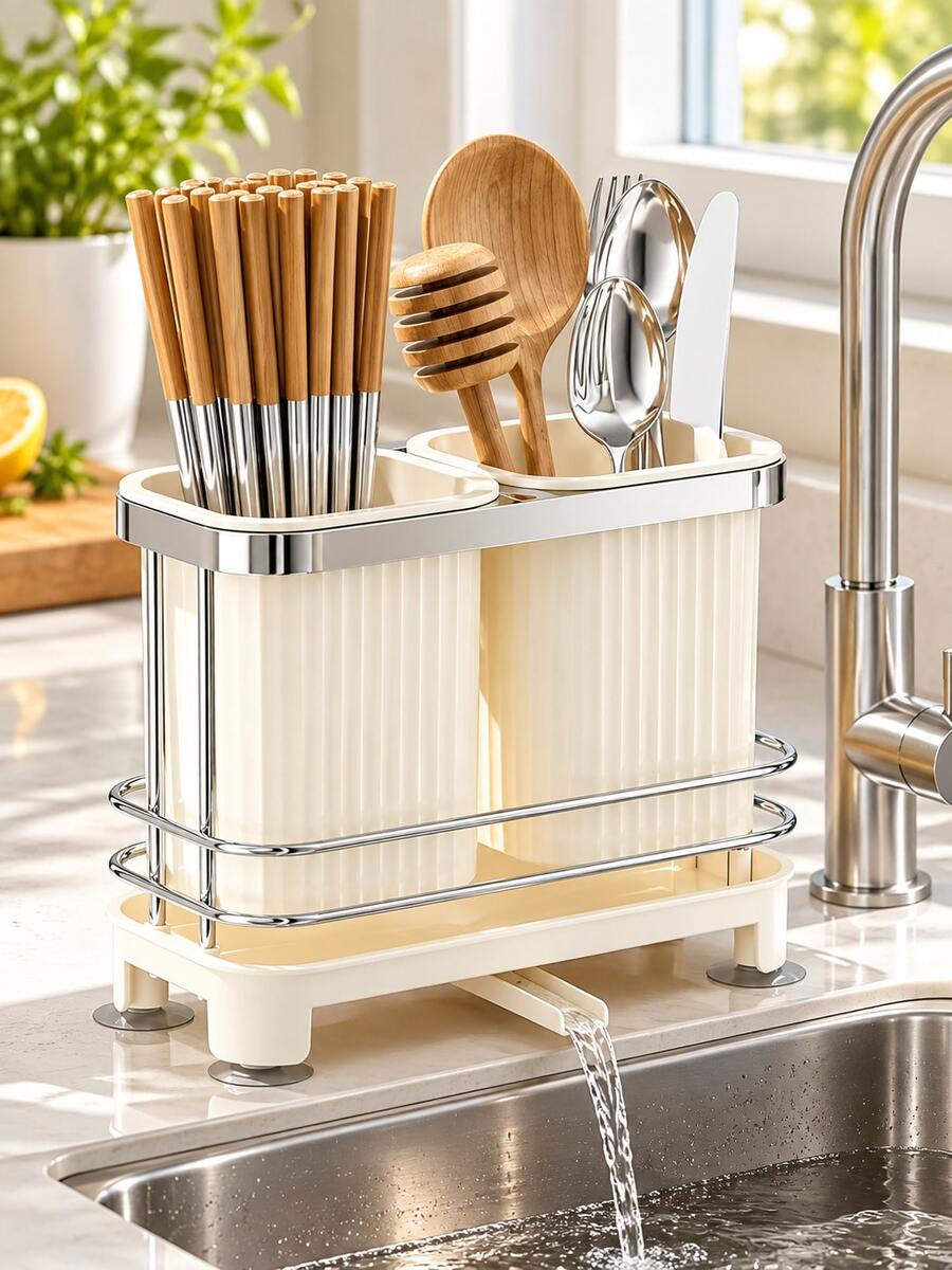 Dish Drainer Rack, Self-Draining Chopstick & Spoon Storage Basket, Household Kitchen Countertop Utensil Tray