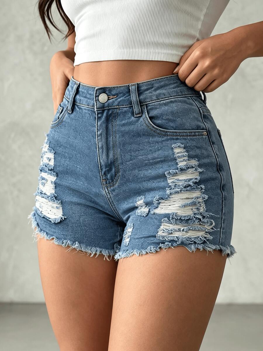 Pantalones cortos vaqueros elásticos de talle alto para mujer, pantalones cortos vaqueros informales de verano, con bolsillos. - 2079 Azul - Ver 1