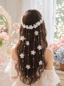 Bohemian Style White Floral Tassel Headband With Faux Pearl Chain, Vintage Floral Crown Hair Accessory, Suitable For Wedding Photography, Festivals, Parties, Cosplay And Events - White Petals - View 1