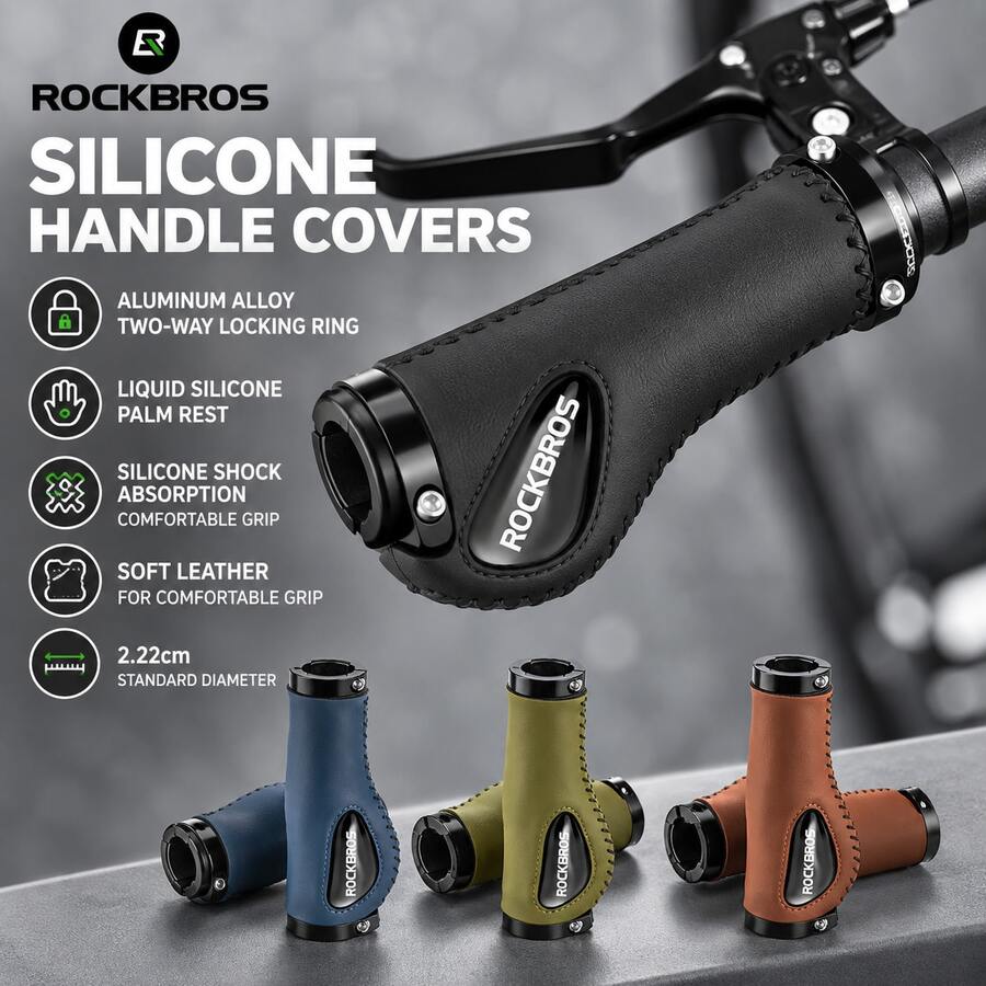 ROCKBROS 1PC Silicone Handle Covers Bicycle Grips Ergonomic Design Outdoor Cycling Anti Slip Shock Absorption Leather Feel Good 4 Colors