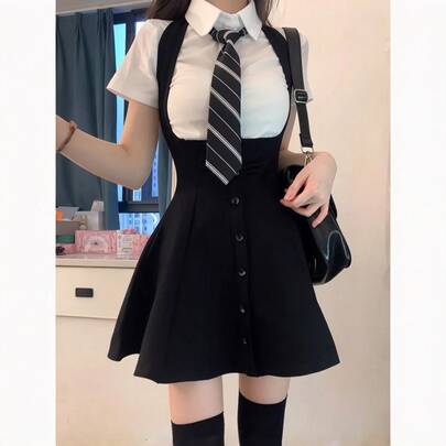 1PC Elegant Pure Sweet School Style Waist-Flattering Slimming Outfit Set, Cosplay Costume For Studio Photography, Suitable For Back To School, Graduation, Interns, Valentine's Day Gift, Daily And Holiday Wear, Includes Pinafore Dress + Short Sleeve Top