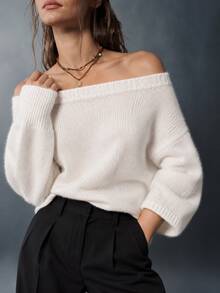 Women's Off Shoulder Fuzzy Knit Pullover Sweater, Regular Fit Rib-Knit Short Sleeve Semi-Sheer Top For Fall - Apricot - View 1