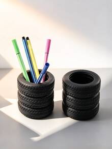 1/2/3pcs Creative Tire-Shaped Pen Holder, Novel Desktop Storage Box, Multi-Functional Stationery And Makeup Brush Organizer, Home Office Decorative Ornament, Suitable For Car Enthusiasts - Multicolor - View 4