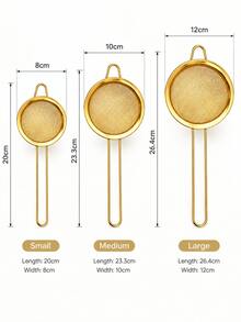 3pcsStainless Steel Fine Mesh Strainer Set, Gold Kitchen Sieve With Long Handle For Tea, Flour, Powder, Juice & Food Filtering, Multipurpose Handheld Kitchen Strainer - Multicolor - View 3