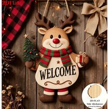 2D Flat, 1pc Vintage Christmas Reindeer Wooden Welcome Hanging Decor - A - View 1