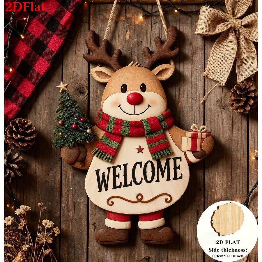 2D Flat, 1pc Vintage Christmas Reindeer Wooden Welcome Hanging Decor - A - View 1