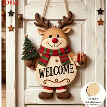 2D Flat, 1pc Vintage Christmas Reindeer Wooden Welcome Hanging Decor - A - View 2