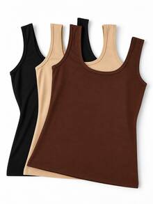 Kit 3 Blusa Regata Feminina Básica Alça Larga Lisa Viscolycra P ao G1 Plus Size Gola Redonda - Preto Bege e Marrom (café) - Visão 2