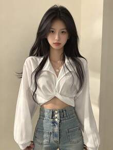 French Niche Design Tie-Back Bowknot Retro Revealing Midriff Short Shirt Top Casual White Spring - White - View 1