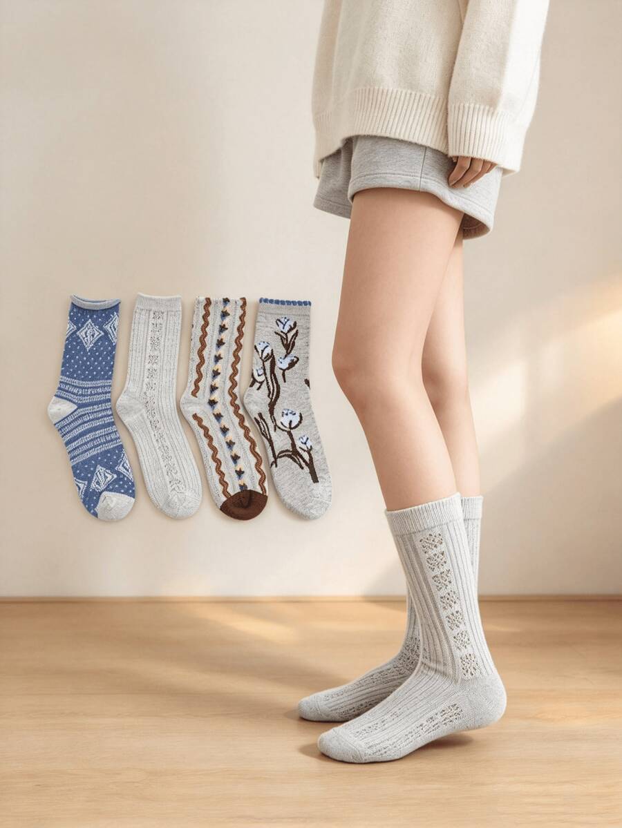 1/4 Pair All-Season Vintage Aesthetic Floral Comfortable Versatile Mid-Calf Socks - Multicolor - View 1