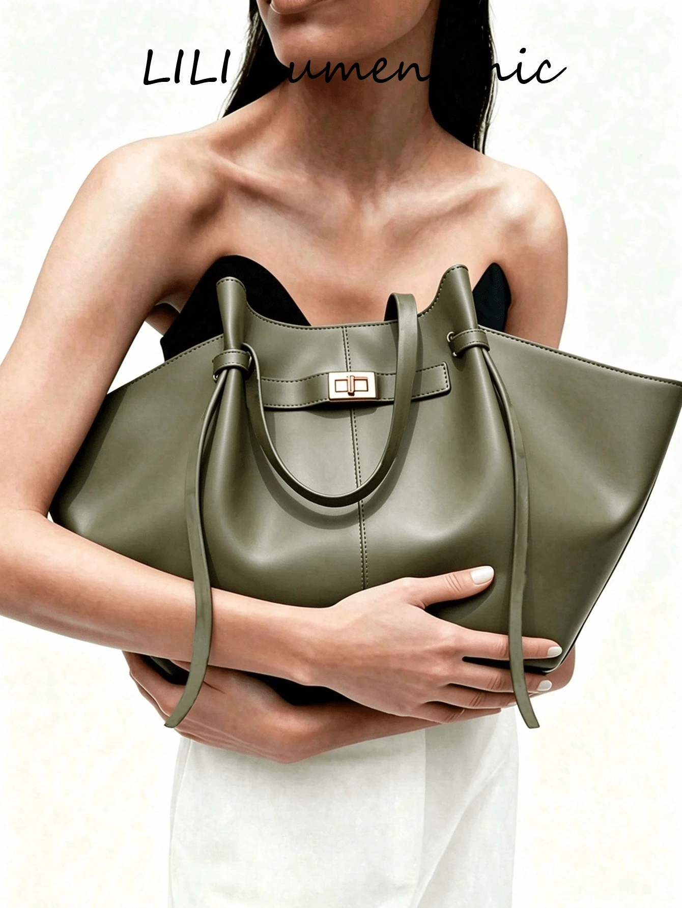 Tote Bag With Embossed Pattern And Metal Lock Clasp Decor, Large Capacity For Books And Personal Items, Drawstring Closure, Premium Minimalist Style, Versatile Shoulder Bag For Commuting, Work, School, Shopping, Travel, Fashion Women's Bag - Green - View 1