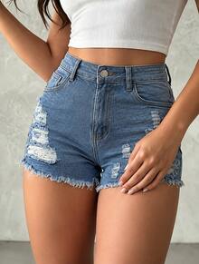 Pantalones cortos vaqueros elásticos de talle alto para mujer, pantalones cortos vaqueros informales de verano, con bolsillos. - 2079 Azul - Ver 6