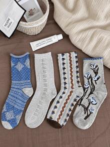 1/4 Pair All-Season Vintage Aesthetic Floral Comfortable Versatile Mid-Calf Socks - Multicolor - View 10