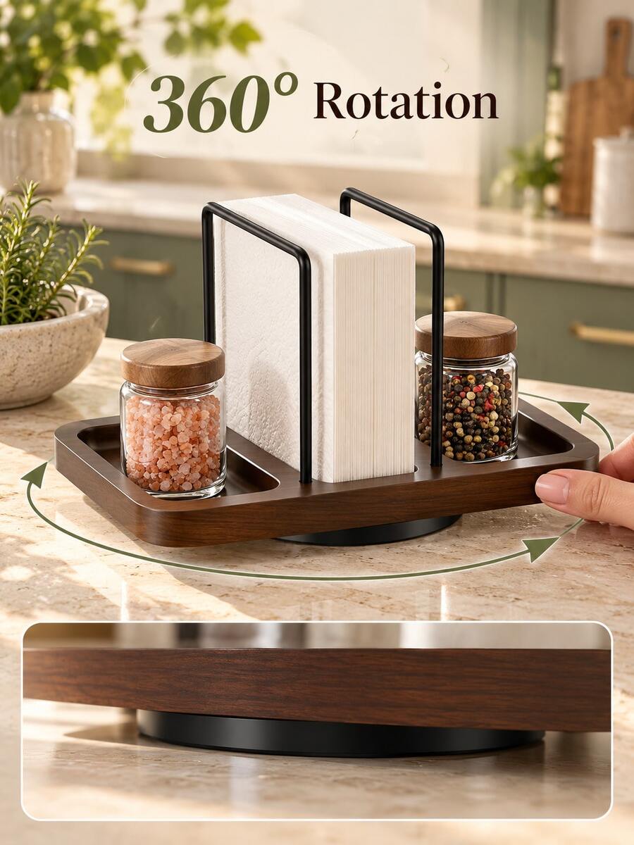 1pc 360° Rotating Napkin Holder & Spice Rack, Walnut Wood Grain Base With Black Metal Frame, Dual-Layer Grooved Tray, Suitable For Kitchen Countertop And Dining Table, Home Storage, Rotating Spice Organizer For Family Use, Christmas Table Decor, Christmas Gift - Multiple Styles - View 1