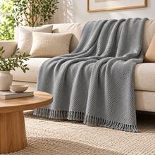 بطانية أريكة من القطن 100% مع شرابات – 180x300 سم - واقي أريكة أزرق داكن مانع للانزلاق & مناسب للأريكة المزدوجة & غرفة المعيشة - رمادي - مشاهدة 3