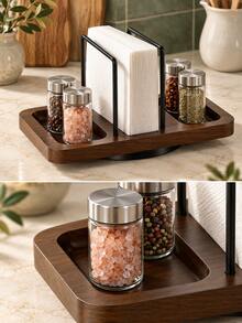 1pc 360° Rotating Napkin Holder & Spice Rack, Walnut Wood Grain Base With Black Metal Frame, Dual-Layer Grooved Tray, Suitable For Kitchen Countertop And Dining Table, Home Storage, Rotating Spice Organizer For Family Use, Christmas Table Decor, Christmas Gift - Multiple Styles - View 4