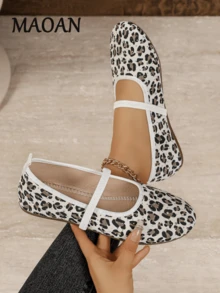 Mary Jane Shoe Women, Leopard Print Square Toe Single Strap Shoes For Women Fall Balletcore Daily Footwear - White - View 1
