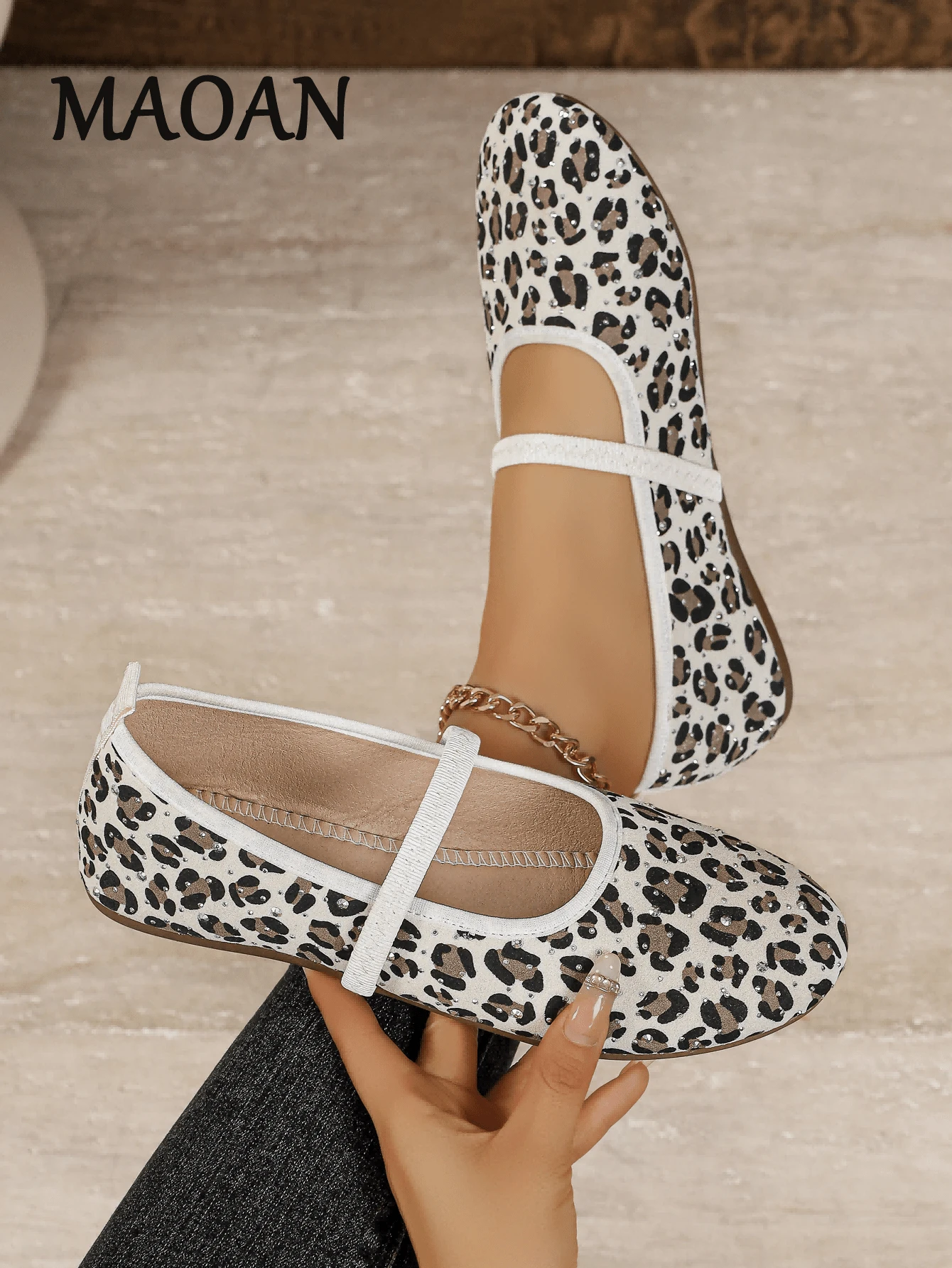 Mary Jane Shoe Women, Leopard Print Square Toe Single Strap Shoes For Women Fall Balletcore Daily Footwear - White - View 1