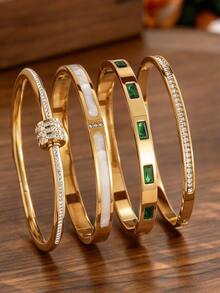 4/1 Pc Green Square Rhinestone Stacked Bracelet Set, 18K Gold Plated Stainless Steel White Rhinestone Bracelet And Green Bracelet, Sweet Multi-Layer Jewelry Set, Suitable For Women's Winter Outfit, Christmas Gift - Gold - View 1