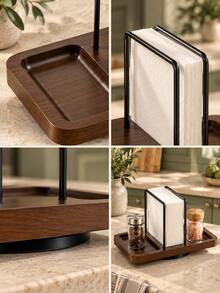 1pc 360° Rotating Napkin Holder & Spice Rack, Walnut Wood Grain Base With Black Metal Frame, Dual-Layer Grooved Tray, Suitable For Kitchen Countertop And Dining Table, Home Storage, Rotating Spice Organizer For Family Use, Christmas Table Decor, Christmas Gift - Multiple Styles - View 5