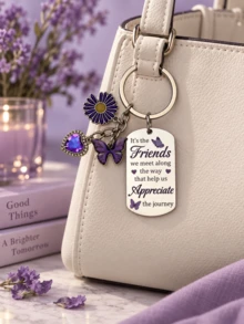 Friends Appreciate The Journey Keychain Purple Butterfly Daisy Heart Charm Friendship Gift - Multicolor - View 2