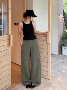 YEAE | 綠色美式復古水洗磨損牛仔褲 中性寬鬆直筒寬腿長褲 - 橄欖綠 - 查看 7