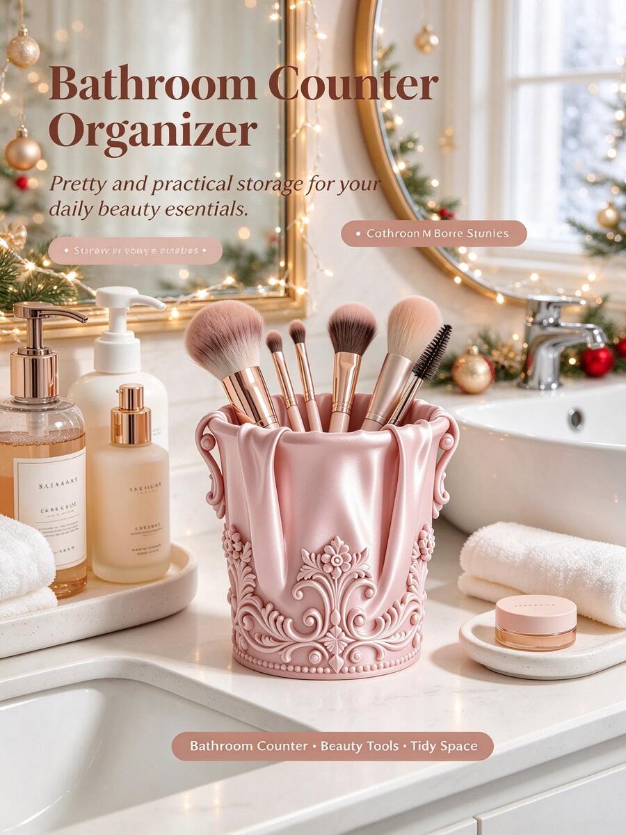 Tempat Kuas Makeup Antik Bergaya Barok 1 Buah untuk Natal, Dekorasi Rumbai Satin Mewah, Wadah Penyimpanan Kosmetik, Organizer Meja Rias - MultiWarna - View 1