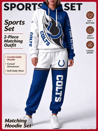 Indianapolis Colts Women's 3D Hooded Tracksuit Top And Bottom Matching Leisure Suit Long Sleeve Loose Casual Fans Gift