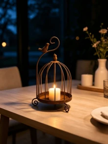 Vintage Distressed Metal Birdcage Candle Holder, European Style Hollow Iron Candle Tray With Bird Ornament, Decorative Table Centerpiece For Dining Table Entryway, Ideal Candlelight Dinner Home Decor Ornament - Regular Model - View 7