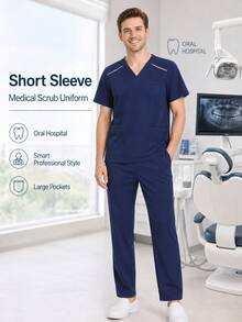 White Line Shoulder V-Neck Short Sleeve Work Uniform Set For Beauty Salon, Dental Clinic, Pet Hospital, Medical Research Institute, Pharmacy, Postpartum Care Center - Navy Blue - View 3