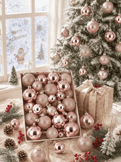 42pcs/Set Rose Gold Christmas Ball Ornaments, Christmas Ball Set, Indoor Christmas Party Decoration, Christmas Hanging Decor, Christmas Ball Decoration Set, Christmas Decorations, Suitable For Christmas Tree Room Decoration, New Year Holiday Wedding Party Decoration