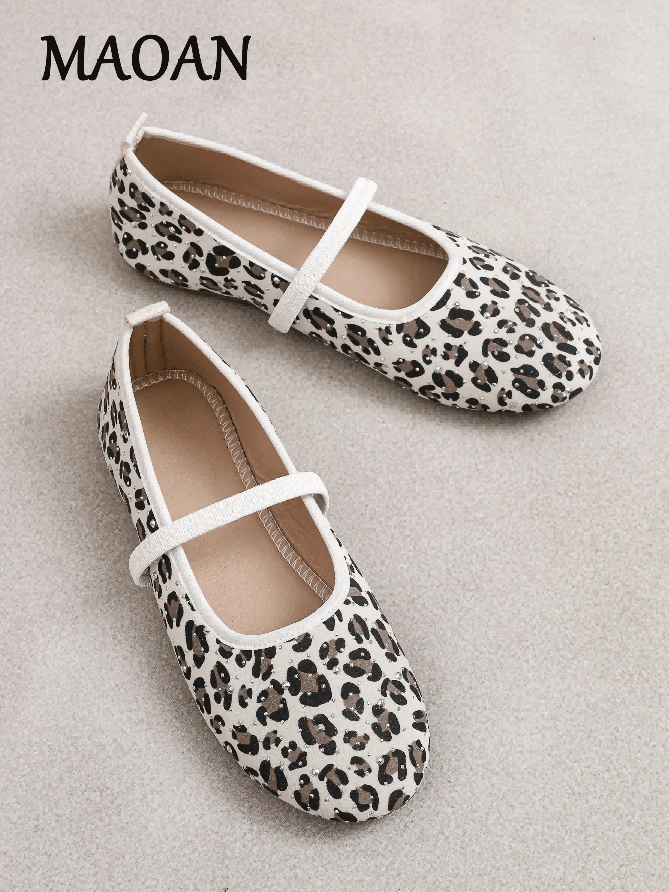 Mary Jane Shoe Women, Leopard Print Square Toe Single Strap Shoes For Women Fall Balletcore Daily Footwear - White - View 1