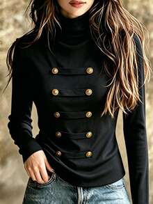 Women's Black High Neck Knitted Long Sleeve Base Layer, Napoleon Decoration, Black Slim Fit Flattering, Ribbon Base Layer, Autumn/Winter Gothic Street Cool Versatile Daily Wear - Black - View 5