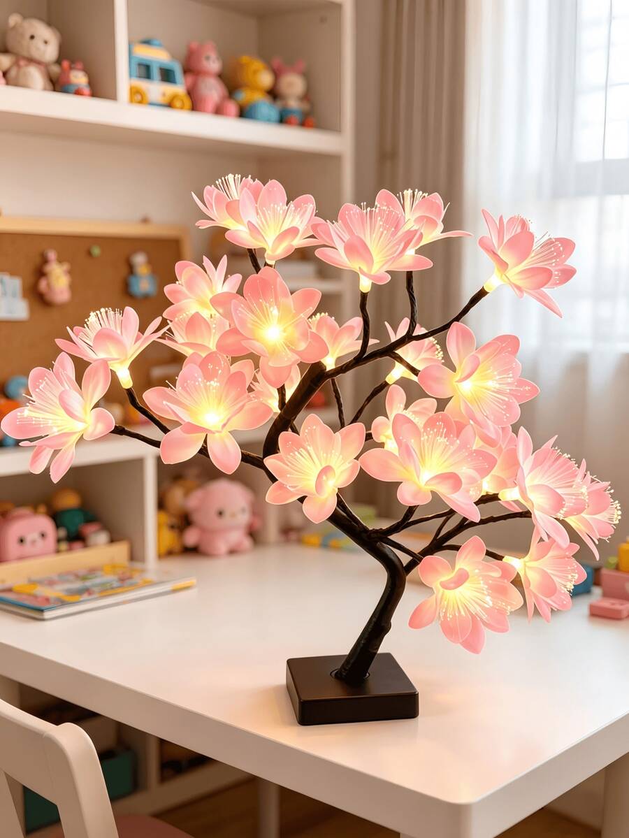1PC Pink Fiber Optic Flower Tree Lamp, 24 Lights, 60CM Height, USB + 3 AA Batteries Dual Power, Warm White Fiber Optic Flower Desktop LED Tree Light, Spring Valentine's Day Easter Bedroom Home Housewarming Atmosphere Decorative Ornament