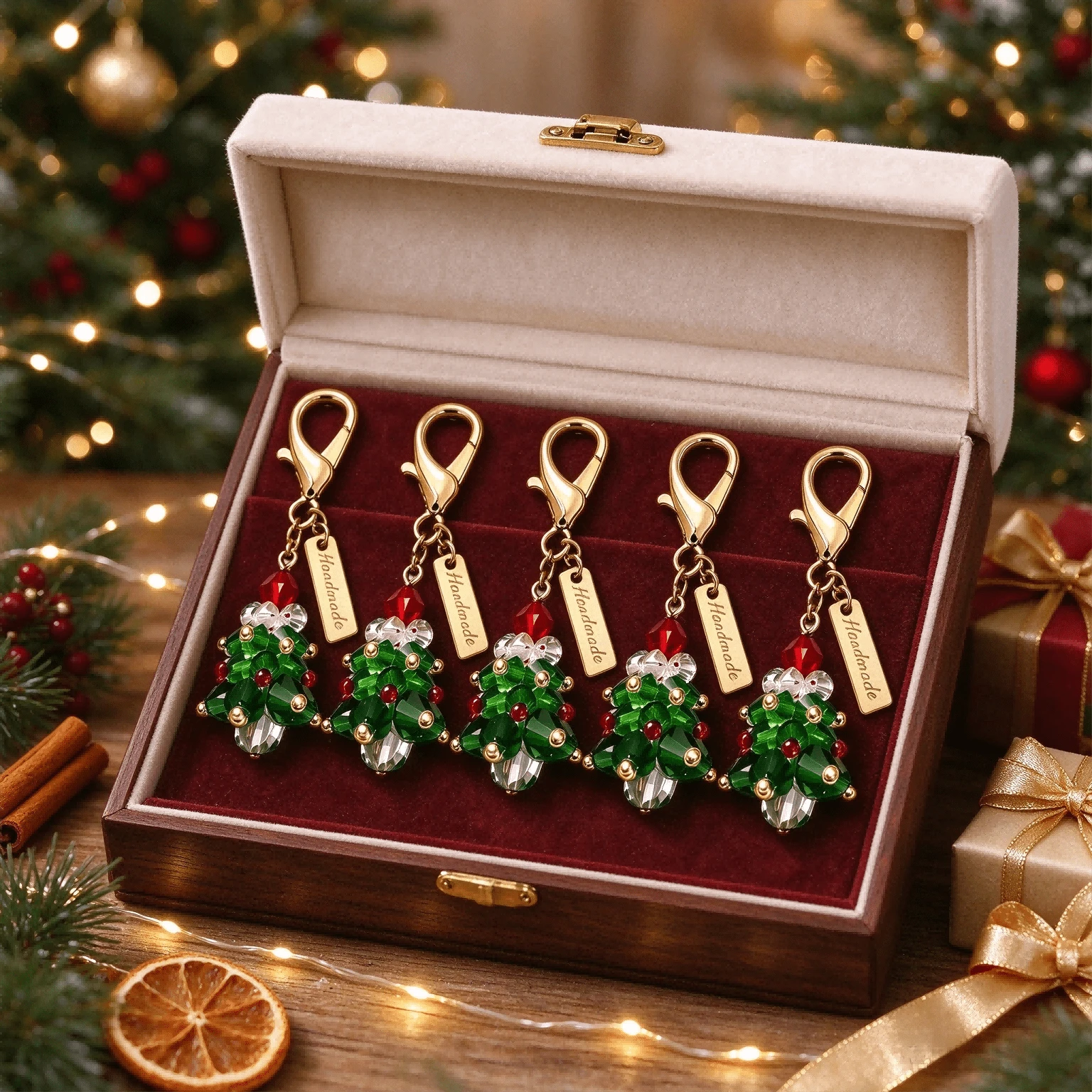 5pcs Handmade Beaded Christmas Tree Keychain Set, Christmas Tree Bag Charm, Holiday Souvenir Key Ring, Christmas Gift Accessory, Suitable For Wallet And Backpack - View 1
