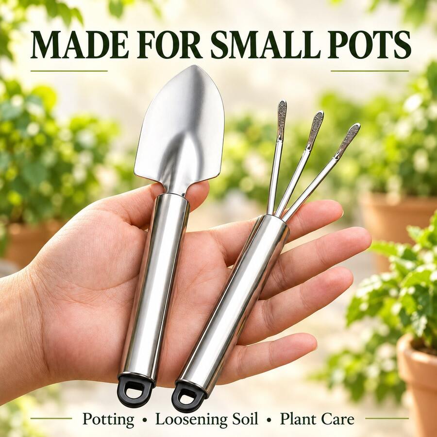 Set Alat Berkebun Mini, Sekop Tangan dan Garu Penggaruk 3 Cabang dari Baja Tahan Karat 201, Pegangan Anti Selip, Alat Berkebun Kecil Tahan Karat, Cocok untuk Sukulen, Bonsai, Tanaman Pot, Pemindahan Tanaman, dan Penggemburan Tanah