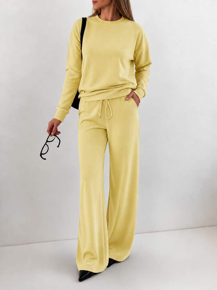 Women's Foldover Waist Drawstring Wide Leg Loose Y2K Casual Lounge Sweatpants - Yellow - View 4