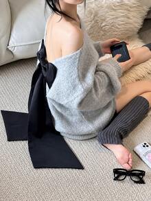 1pc Cute Gray Backless Bow Knot Women's Sweater, Autumn/Winter - Grey - View 4