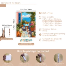 1-Piece Mediterranean-Style Terrace Landscape Painting, Coastal-Style Home Decor, Blue Shutters, Garden Terrace Canvas Painting.(Optional Frame) - A - View 13