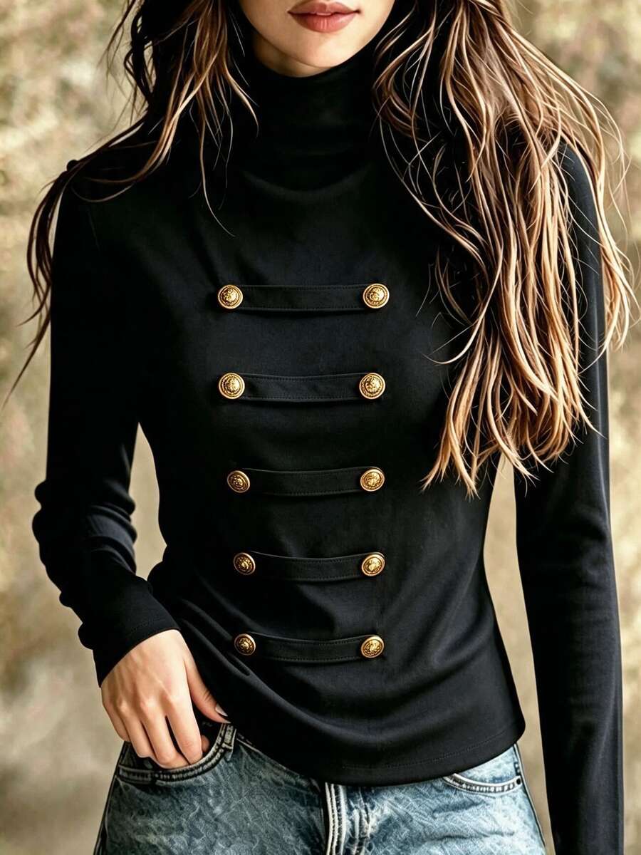 Women's Black High Neck Knitted Long Sleeve Base Layer, Napoleon Decoration, Black Slim Fit Flattering, Ribbon Base Layer, Autumn/Winter Gothic Street Cool Versatile Daily Wear - Black - View 1