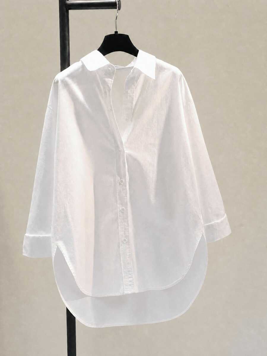 Plus Size Women Regular Length Shirt Collar Blouse, Drop Shoulder Long Sleeve, Button Decor Asymmetric Hem White Spring - White - View 1