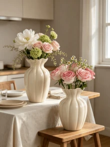 1pc Cream Fluted Plastic Vase, Nordic Minimalist Style, Lightweight Decorative Vase, For Living Room Accent, Bedroom Styling, Side Table Display, Home Floral Vase - Dafy - View 9