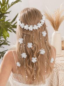Bohemian Style White Floral Tassel Headband With Faux Pearl Chain, Vintage Floral Crown Hair Accessory, Suitable For Wedding Photography, Festivals, Parties, Cosplay And Events - White Petals - View 2