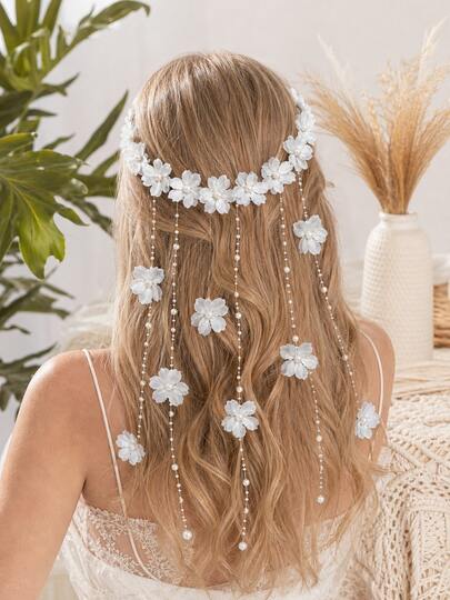 Boho White Floral Fringe Headband With Faux Pearl Chains, Vintage Flower Crown Hair Accessory For Wedding Photos, Festival, Party, Cosplay And Events